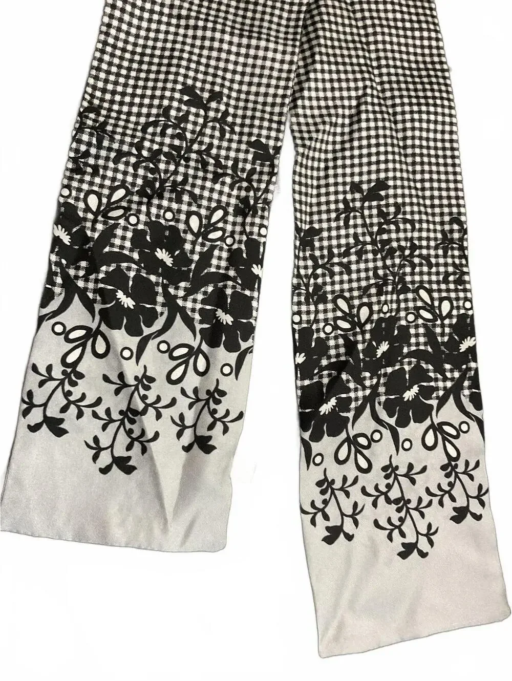 Talbots Black and White Silk Scarf with Floral and Checkered Pattern